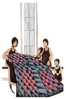 Quilting Traditions Signed and numbered, limited edition art print by American artist P Buckley Moss at Canada Goose Gallery in Waynesville, Ohio. CanadaGooseGallery-WaynesvilleOhio-pbuckleymoss-quilting-quilt-limited-edition-print