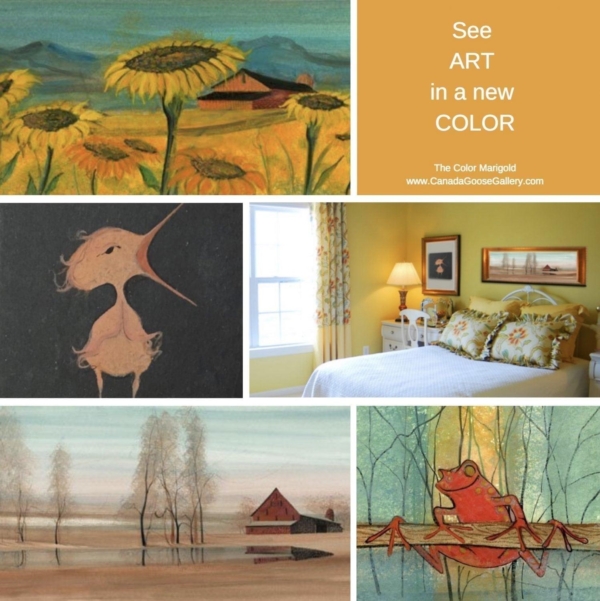 Marigold is the color study of this collage of art pieces. Choose the art you love then build your room design around the art.