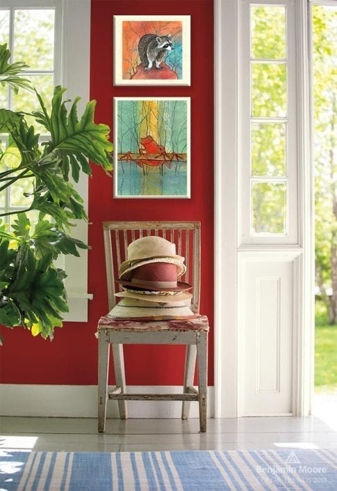 Beautiful shade of red on the walls with matching artwork to enhance the entryway area.