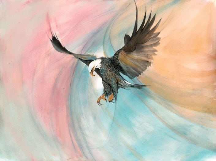 Our Strength and Beauty limited edition print by P Buckley Moss features an eagle in full wing span soaring before a multicolored sky in pinks, coral, blue and green.