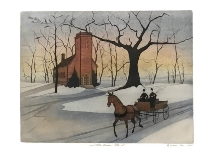 Rare Little Brown Church Etching by P Buckley Moss features an open horse drawn wagon with colors of peach, yellow and blues in the background sky. Iconic bold black Moss tree. Rare etching issue price.