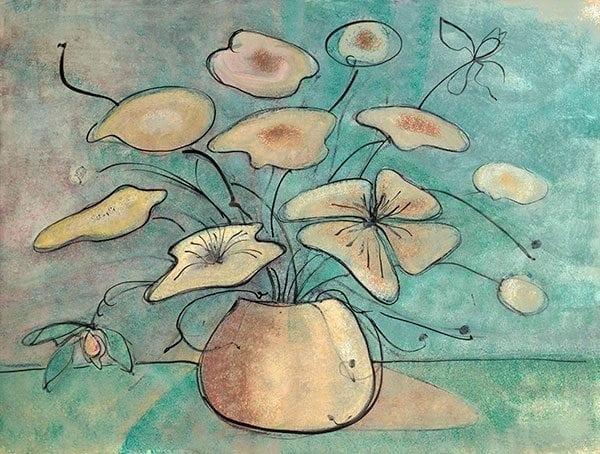 Flowers on Gold limited edition print by P Buckley Moss at Canada Goose Gallery in Waynesville, Ohio Flowers on Gold by limited edition print by P Buckley Moss features a gold colored pot with cream flowers and aqua and tan highlights throughout.