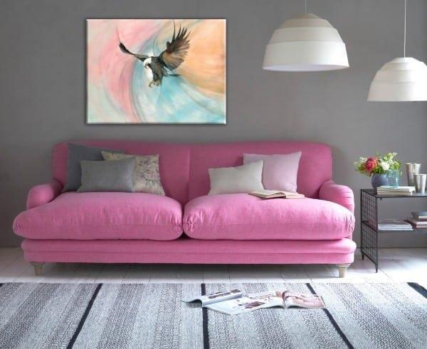 Our Strength and Beauty limited edition giclee print by P Buckley Moss features an American Eagle in flight with full wing span. Multicolored background of soft aqua, peach pink and white.