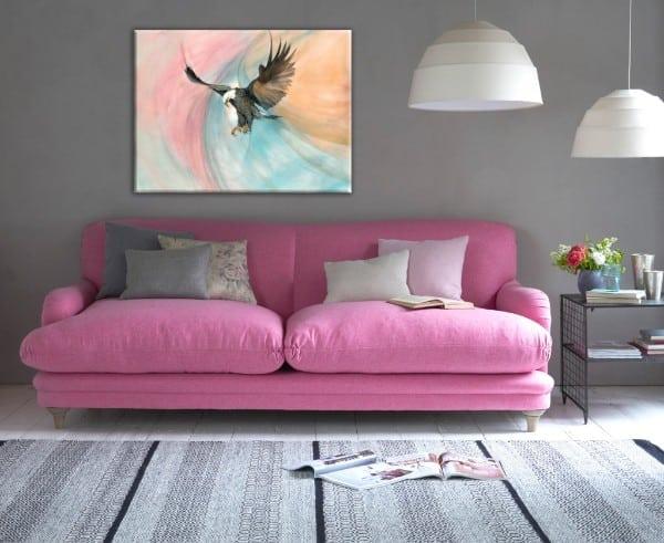 Our Strength and Beauty limited edition giclee print by P Buckley Moss features an American Eagle in flight with full wing span. Multicolored background of soft aqua, peach pink and white.