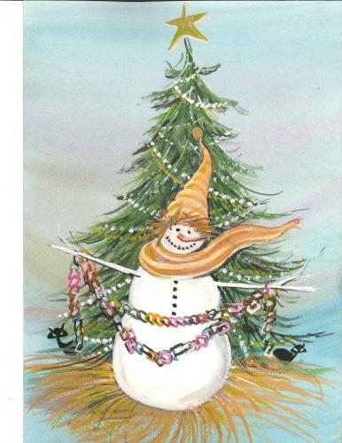 Season's Greetings limited edition print by P Buckley Moss is full of laughter and fun for the winter and holiday season. White snowman with treen tree decorated with ornaments and a rainbos of colors. Black iconic cats peek from behind the tree and the snowman all dressed in his best complete with hat and matching scarf in golds.