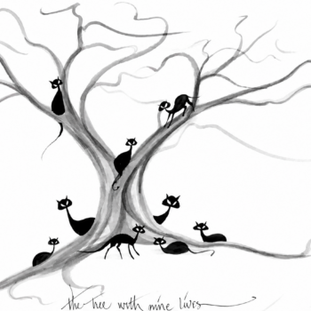 Tree With Nine Lives Painting by P. Buckley Moss with nine stylized black cats perched in and around a gray branching tree.
