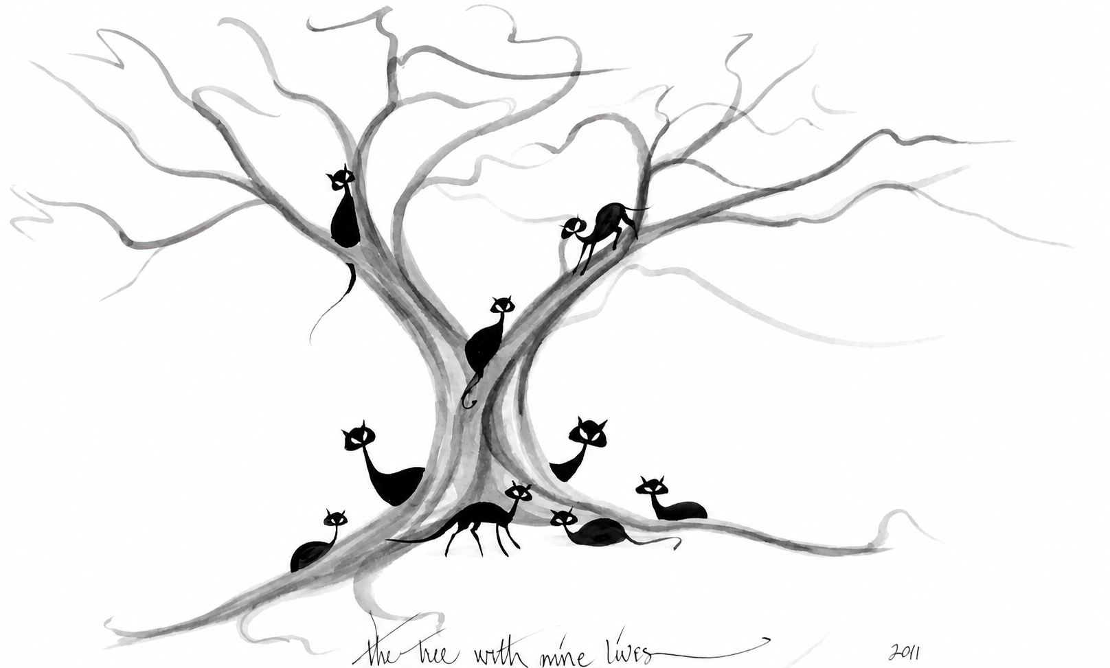 Tree With Nine Lives Painting by P. Buckley Moss with nine stylized black cats perched in and around a gray branching tree.