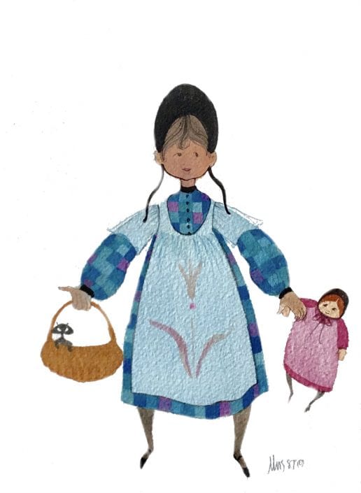 P Buckley Moss Original Watercolor Painting Girl with Doll and Cat in Basket PBuckleyMoss-Original-Watercolor-painting-Girl-Dketoll-Cat-BlackCat-Basket