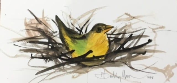 Original watercolor painting by P Buckley Moss featuring a bird in nest in colors of yellow, brown and green.
