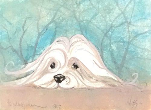 Dog original watercolor painting by P Buckley Moss with tans, aqua white, cream and black accents.