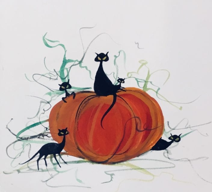 P Buckley Moss Original Watercolor Painting October Play Day by P Buckley Moss PBuckleyMoss-Original-Watercolor-painting-Cat-BlackCat-Pumpkin
