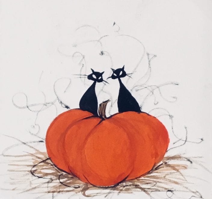 P Buckley Moss Original Watercolor Painting by P Buckley Moss Painting-PBuckleyMoss-Original-Watercolor-painting-Cat-BlackCat-Pumpkin