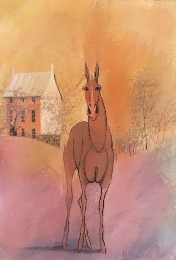 Original watercolor painting by P Buckley Moss of a horse in the foreground and house in the background. Soft warm colors or mauve, rust and golden hues. Exclusively at Canada Goose Gallery in Waynesville, Ohio
