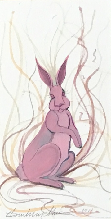 Original watercolor painting by P Buckley Moss which features a large pink and light purple colored bunny sitting in the middle of some leafy shelter.