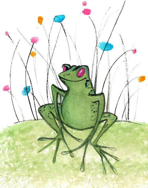 Tad Bit of Green – P Buckley Moss Modern, fun, signed, numbered, limited edition giclee print by American artist P Buckley Moss. Moss frog collection shows the artist's humorous side.