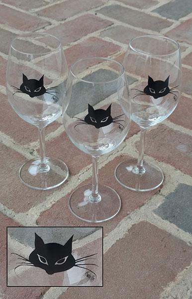 Cat Wine Glass by P Buckley Moss. Joyfully decorated with the Moss iconic black cat face.