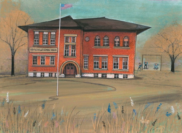 The Old School House Limited edition giclee print by American artist P Buckley Moss PBuckleyMoss-Waynesville-Ohio-CanadaGooseGallery-Art-Artist-LimitedEdition-SchoolHouse-History