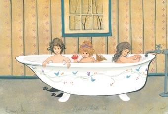 Grandma's Bathtub limited edition print by P Buckley Moss features three girls in a tub for thier evening bath. Colors of tans, aqua, white and cream.