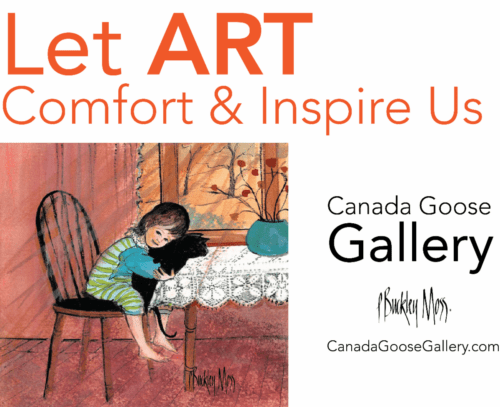 The message is Let Art Comfort and Inspire You, the image is a little girl slumped over a table with a black cat in her arms.