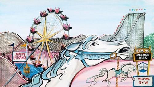 Lakeside Memories is a limited edition print by P Buckley Moss and is available as an artist proof. Memories of Lakeside Park in Roanoke-Salem Virginia area has a white horse head image in the foreground with the amusement rides of the park in the background.