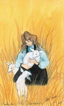 Shepherdess limited edition print by P Buckley Moss features a young girl holding a small lamb with two other lambs around her. Golden background.