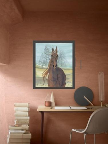 Office spaces decorated with the art of P Buckley Moss. Duchess horse limited edition print in colors of rust for the horse and a blue background with highlights of yellow and earth tones.