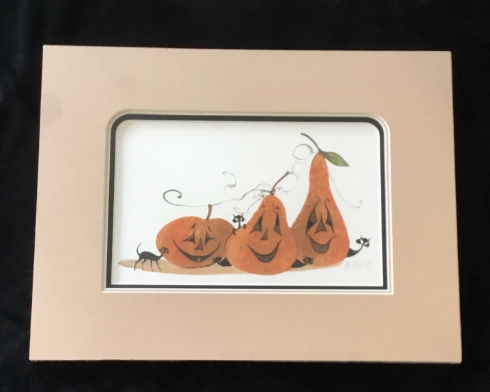 Matted Setting in the Spirit limited edition print by P Buckley Moss Matted Getting in the Spirit print by P Buckley Moss. Orange Pumpkins with peach colored matting, black mat on the bottom