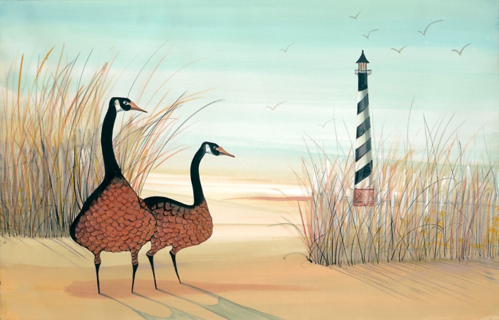 Dawn at the Cape signed and numbered limited edition print by American artist P Buckley Moss at Canada Goose Gallery in Waynesville, Ohio. Dawn at the Cape limited editin print by P Buckley Moss features two geese at the beach sheltered by reeds with lighthouse in the background. Colors of rust, tans and golden hues with aqua sky.