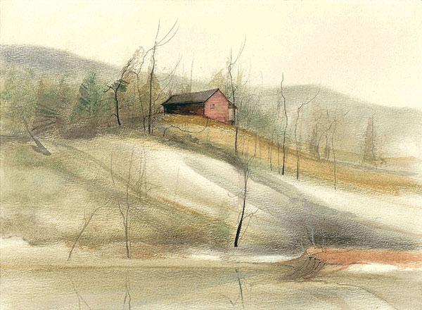 Early Winter's Morn limited edition print by P Buckley Moss features a rustic rural home on top of a steep hill. Shades of gray, tan, green and earth tones with some burgundy shade s in the house.