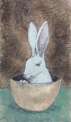 In the Half Shell limited edition glclee art print by P Buckley Moss features a white rabbit sitting in the half shell of an egg. The humor of P Buckley Moss is contagious!