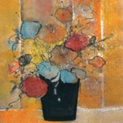 Grandma's Flowers limited edition print by Buckley Moss features modern flowers in a bold black vase with colorful flowers of blue, mauve and tangerine with an orange yellow and tan background.