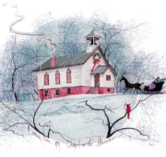 Chapel on the Mountain limited edition print by P Buckley Moss features a while, red and teal chapel in a wooded area of blues with black trees. REd bird on a branch and an Amish sleigh arriving for services.