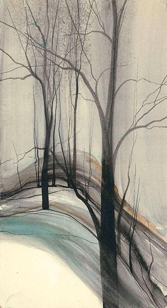 On Misty Mountain P Buckley Moss On Misty Mountain by artist P Buckley Moss features a mountain landscape with colors of tan, aqua, grays, earth tones and black accentuating the iconic trees of Moss.