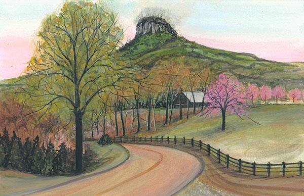 Pilot Mountain by artist P Buckley Moss features the countryside in and around Pilot Mountain, North Carolina. Colors are a rich green, rose, rusts and earth tones.