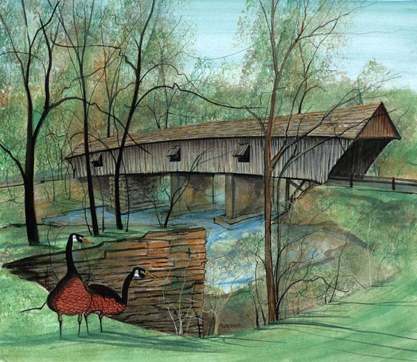 Concord Covered Bridge by P Buckley Moss limited edition print is of an historic landmark, Nickajack Creek in Smyrna, Georgia. Beautiful shades of green, blue, rusts, browns and gray.