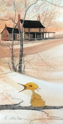 P Buckley Moss original watercolor painting, one of a kind and painted by the artist's own hand. Yellow Fledgling bird in the foreground with a rust and gray log cabin on the hill. Other colors are peach, rose, gray and black.