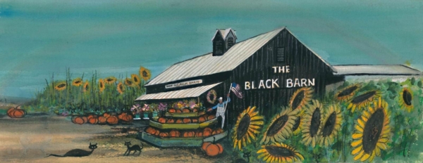 Our Black Barn limited edition print by P Buckley Moss especially for Canada Goose Gallery 2020 Fall Show. Black Barn in Lebanon, Ohio.