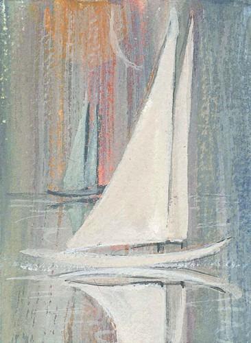 Sailing Splendor limited edition print by P Buckley Moss features a white sail sailboat on a light blue sea with a background of shades of soft blue and a dash of pale pink, rose and cream.