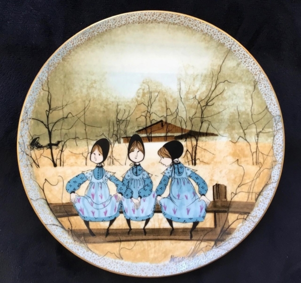 P Buckley Moss limited edition plate by Anna Perenna. Girls sitting on a fence. Blues, golden and earth tones.