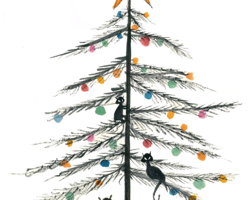 Cat Family Christmas by American artist P Buckley Moss exclusively for the Moss signing event at Canada Goose Gallery in Waynesville, Ohio. Black cats playing around and on a sparsely branched Christmas tree. Gold Star on the top.