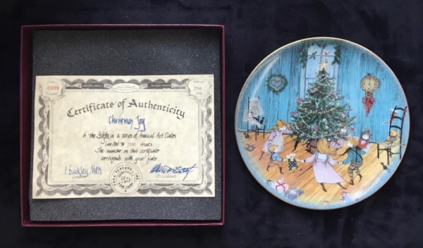 Christmas Joy limited edition plate by P Buckley Moss. Early edition in mint condition with box and certificate.