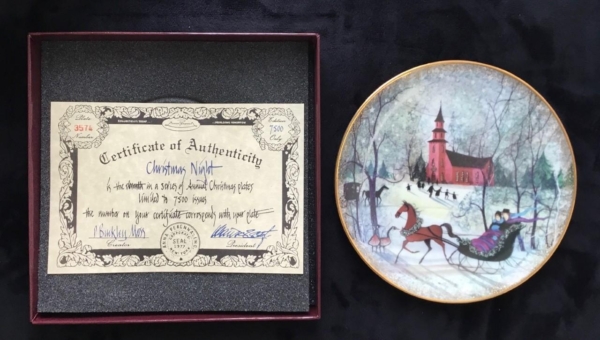 Christmas Night limited edition plate by P Buckley Moss. Early edition in mint condition with box and certificate.