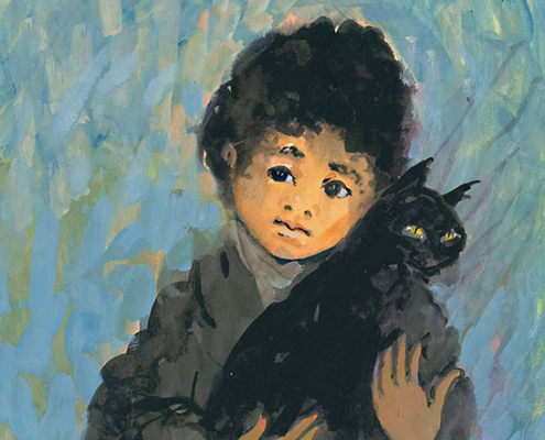 My Friend Midnight limited edition print by P Buckley Moss features a small child with a favorite cat pet. Colors are rich shades of blue and tan for the background with blacks and grays for the cat and child's jacket.