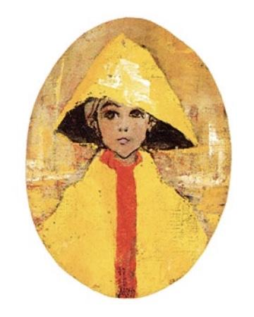 Ready for Rain limited edition artist proof by P Buckley Moss features a small child in a bright yellow raincoat with a red front closing. The art print has the look of an oil painting with a golden background accented with darker shades of gold, cream and white.