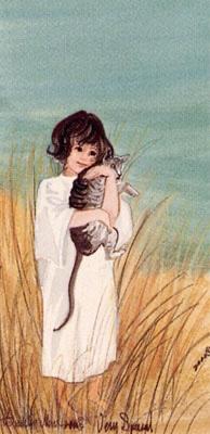 Very Special limited edition print by P Buckley Moss features a sweet young girl holding a black, gray and white cat. Aqua background with golden grasses in the background.