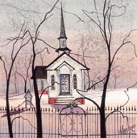 Woodland Church Woodland Church limited edition print by P Buckley Moss is a rare print in mint condition featuring a tiny church in the woods with colors of rose and pale greens, a touch of red and bold black trees.