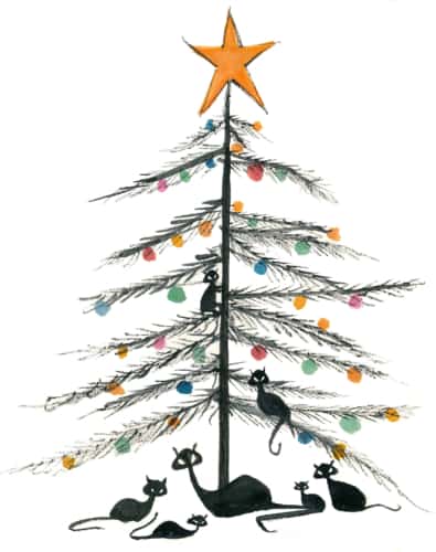 Cat Family Christmas Tree by P Buckley Moss features a family of black cats gathered around the Christmas Tree to celebrate the season.