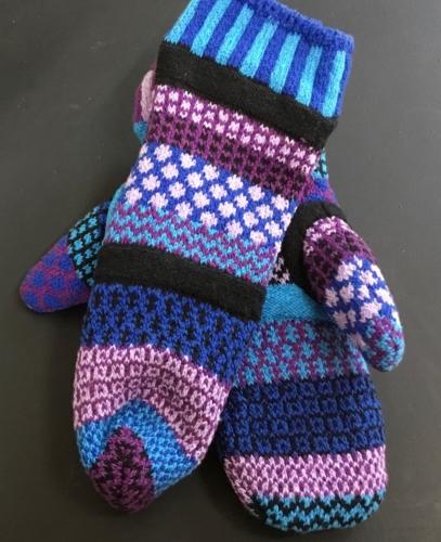 Solmate Raspberry Mittens feature blues, purples, pink, mauve and a bit of aqua.