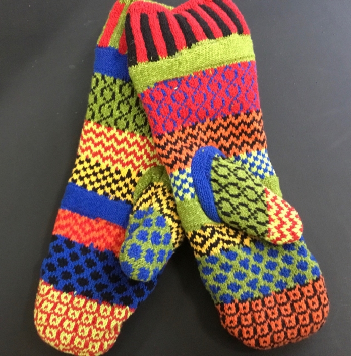 Bright #3 Solmate Mittens are a combination of orange, green, blue with a bit of black mittens. Bright #3 Solmate Mittens are a combination of orange, green, blue with a bit of black mittens.