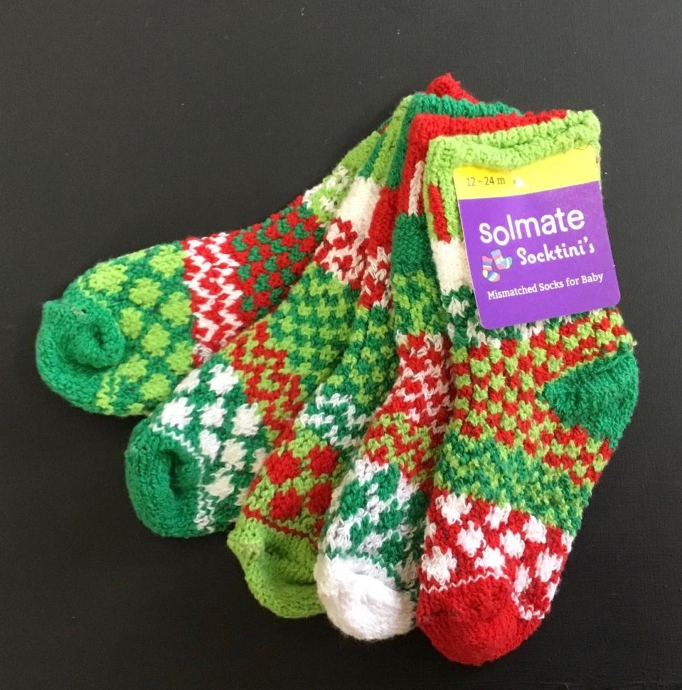 Solmate Humbug Baby Socks. Red, green and white.
